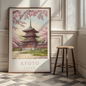 Kyoto Japan Travel Poster | Cherry Blossom Japanese Temple Print