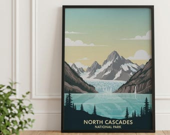 Vintage reisposter van North Cascades National Park: retro landschapsmuurdecoratie (digitale download)
