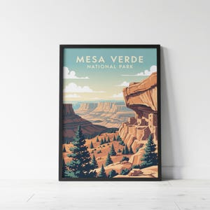 Póster del Parque Nacional Mesa Verde, Arte de Colorado, Impresión de una vivienda en un acantilado, Póster de viaje vintage, Decoración del suroeste, Arte ancestral de los pueblos