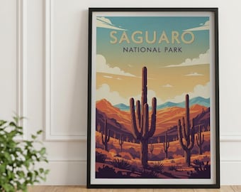 Vintage poster van Saguaro National Park: Muurdecoratie met woestijnlandschap uit Arizona (digitale download)