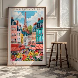 Paris Blumenmarkt Poster - Eiffelturm Stadtbild Kunstdruck, Französisches Reise Dekor, Romantische Urbane Blüte