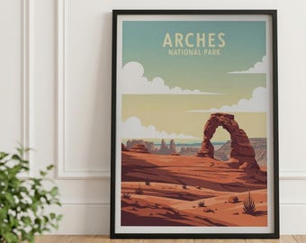 Poster de voyage vintage avec arche délicate : Parc national des Arches, Utah, art mural paysage rétro, décoration randonnée, cadeau pour amoureux de la nature cabane