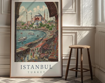 Istanbul Turkey Travel Poster | Hagia Sophia Bosphorus Market Print