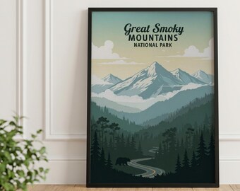 Retro reseaffisch från Smoky Mountains nationalpark, dimmigt landskap på väggen (digital nedladdning)
