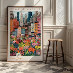 New York Flower Market Poster - lebhafte Stadtansicht Kunstdruck, NYC Wanddekoration, Urban Botanischer Druck