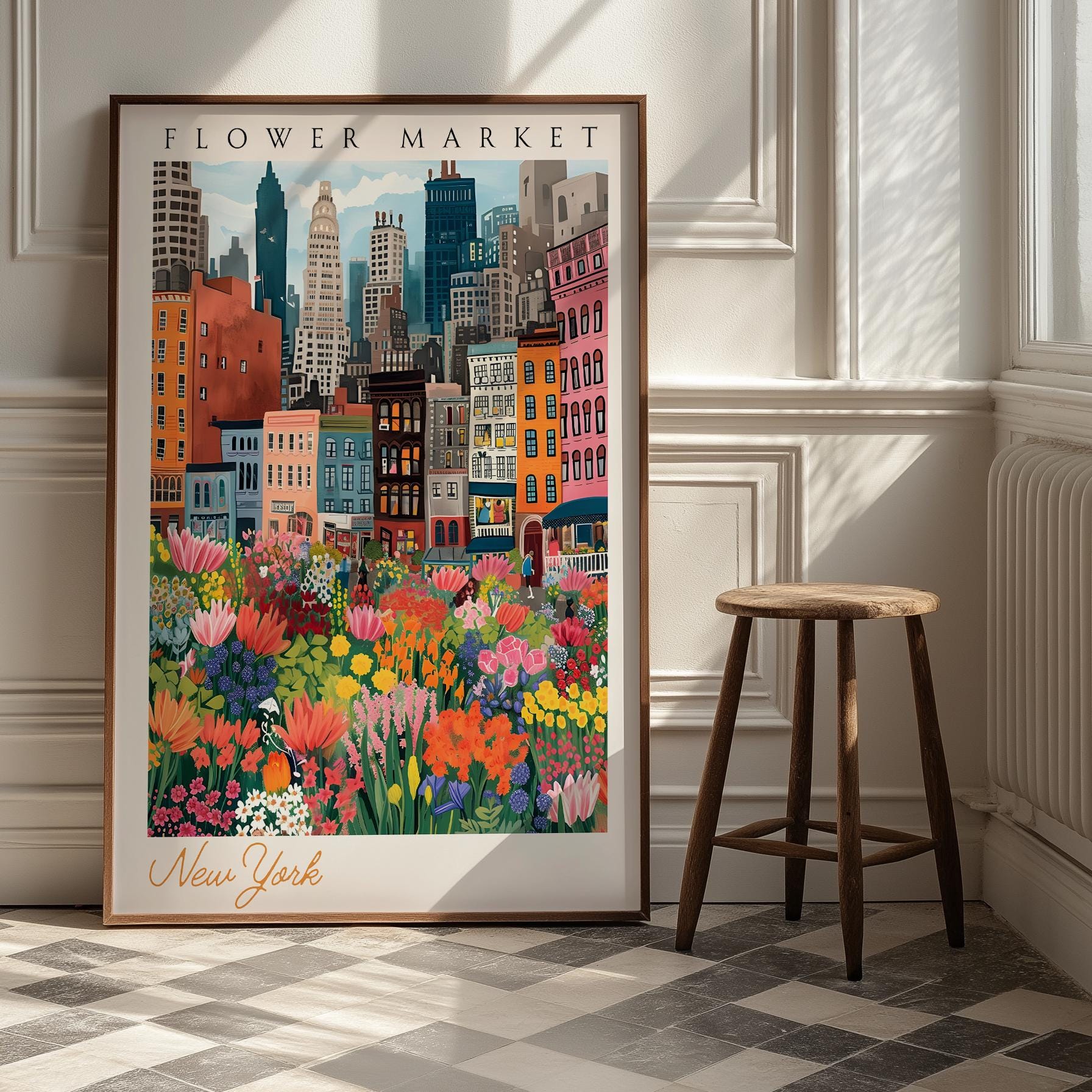 New York Flower Market Poster - Vibrant Cityscape Art Print, NYC Wall Decor, Urban Botanical Print