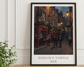 Dublin Temple Bar Poster | Irish Pub Street Scene Art Print