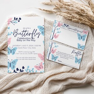 Plantilla de invitación para baby shower con diseño de mariposas, diseño personalizado en Canva rosa y azul, invitación personalizada, revelación de género, tarjetas insertadas incluidas en el reverso.
