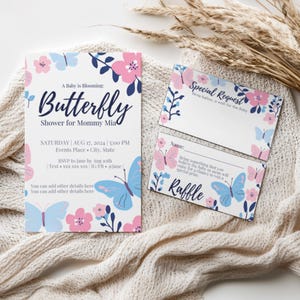 Invitación de baby shower con diseño de mariposa, personalizada en rosa y azul, con diseño personalizado, revelación de género, tarjetas insertables y reverso incluido.