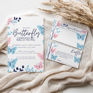 Modèle d'Invitation de baby shower modifiable papillon, toile florale rose et bleue avec tombola, code vestimentaire, message, téléchargement numérique bricolage