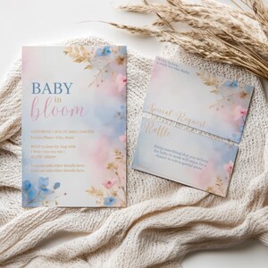 Invitación "Bebé en Flor", plantilla personalizada para baby shower, flores rosas y azules, diseño de acuarela, personalizada, incluye tarjetas insertadas.