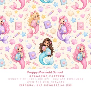 Peut inclure: Un motif sans couture avec des sirènes de dessins animés aux cheveux roses, bleus et bruns, portant des sacs à dos et des cahiers. Le motif comprend des coquillages, des crayons, des cœurs et des étoiles sur un fond crème. Le motif mesure 30.48 cm par 30.48 cm.
