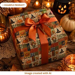 Autumn Halloween gift box wrapped in a patchwork pattern featuring pumpkins, witch hats, floral mugs, plaid blocks, leaves, stars and crescent moons in burnt orange, navy, olive green, cream and mustard. Finished with a large rust-orange ribbon and styled with pumpkins, candles, fall leaves and cozy seasonal decor. Example product image created with AI.