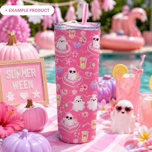 Example product mockup featuring a tall tumbler with the Pink Summer Ghost Pool Party seamless pattern, including cute ghosts, pink pool floats, lemonade glasses, pastel pumpkins, seashells, bows, flowers, starfish, gold dots, and wave accents. Summerween party drinkware preview with girly Halloween pool decor.