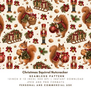 Könnte beinhalten: Ein nahtloses Muster mit Eichhörnchen in grünen und roten Mänteln, Nussknackern, Holzschlitten mit Geschenken, goldenen Glocken, Tannenzweigen und Eicheln auf cremefarbenem Grund. Text: Christmas Squirrel Nutcracker SEAMLESS PATTERN.