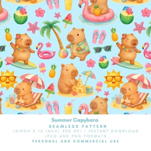 Könnte beinhalten: Nahtloses Muster mit Cartoon-Capybaras im Sommer. Das Design zeigt Capybaras beim Surfen, Sandburgen bauen und Entspannen mit Getränken, sowie Strandelemente. Das Muster ist 30,48 cm x 30,48 cm groß.