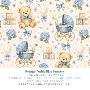 May include: A seamless pattern featuring light brown teddy bears with blue plaid bows, blue wicker baby carriages, alphabet blocks with A, B, and C, blue hydrangea flowers, balloons with blue plaid bows, and small yellow stars on a cream background.