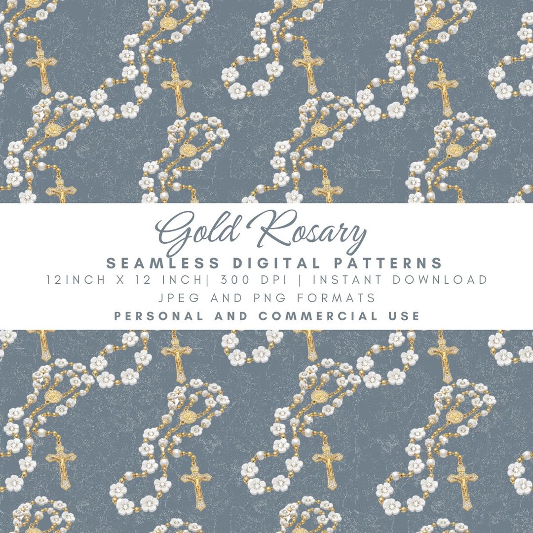Gold Rosary Seamless Pattern, White Pearl Beads, Christian Digital ...