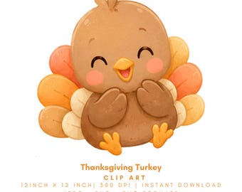 Thanksgiving Turkey Clipart PNG, Fall SVG, Kawaii Autumn Bird, Thanksgiving Sublimation Design, Nursery Turkey Graphic