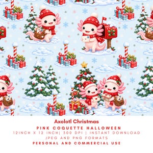 May include: A repeating pattern featuring pink axolotls wearing red knit hats and scarves in a snowy landscape with Christmas trees, red mailboxes, and stacks of wrapped gifts. The text reads Axolotl Christmas, PINK COQUETTE HALLOWEEN, 12 INCH X 12 INCH, 300 DPI, INSTANT DOWNLOAD, JPEG AND PNG FORMATS, PERSONAL AND COMMERCIAL USE.
