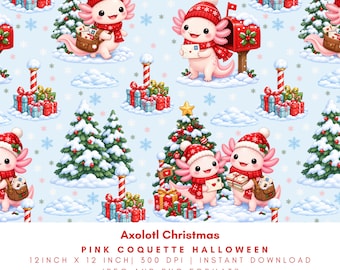 Axolotl Christmas Seamless Pattern, North Pole Mail Holiday Digital Paper, Winter Axolotl PNG JPG