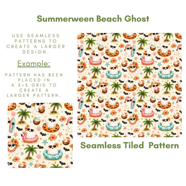 Instructional seamless pattern preview for Summerween Beach Ghost digital paper, showing a 3x3 tiled repeat example with cute watercolor ghosts, palm trees, bats, starfish, seashells, coconut drinks, surfboards, orange floaties, coral flowers and aqua accents for Halloween summer designs.