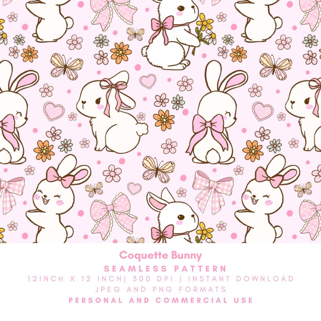Coquette Bunny Seamless Pattern, Pink Bow Rabbit Digital Paper, Floral ...