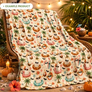 Summerween Beach Ghost blanket mockup featuring a cute tropical Halloween seamless pattern with watercolor ghosts, sunglasses, floaties, surfboards, palm trees, bats, starfish, seashells, coconut drinks, coral flowers and aqua accents in a cozy summer party setting with pumpkins and warm lights.