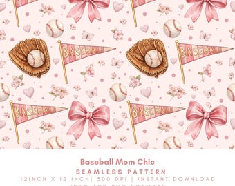 Baseball Mom Chic Seamless Pattern, Watercolor Baseball Bows Digital Paper, Pink Sports Print, 12x12 PNG JPG, 300 DPI