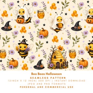 Boo Bees Halloween Seamless Pattern, Ghost Bees, Haunted Beehive, Pumpkins, Honey and Witch Hat Digital Paper, PNG JPG