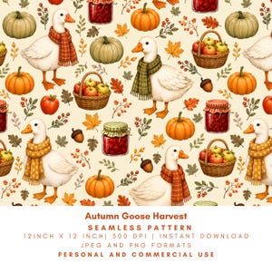 Autumn Goose Harvest Seamless Pattern, Fall Geese, Pumpkins, Apples, Jam Jars and Cozy Scarves Digital Paper, thanksgiving, PNG JPG