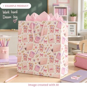 Example product mockup showing a gift bag with a coquette school seamless pattern in a pastel classroom. The design features pink notebooks with bows, pastel pencils, pencil cups, mini laptops, gold paper clips, hearts, flowers and soft cream tones. Cute back to school digital pattern for gift bags, party favors, stationery, crafts and classroom supplies.