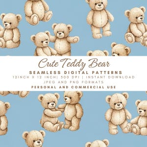 Modello senza cuciture con tenero orsetto di peluche, sfondo blu, adorabile carta digitale per cameretta, tessuto per baby shower, stampa di peluche