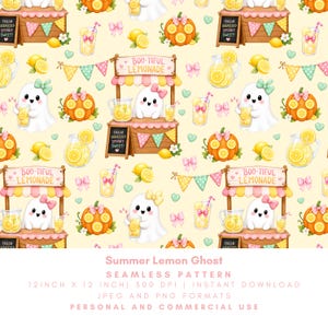 May include: A seamless pattern featuring cartoon ghosts selling lemonade from stands decorated with pumpkins and bows. The stands have signs that read "Boo-tiful Lemonade" and "Fresh Squeezed, Spooky Sweet!" The pattern includes lemons and lemonade glasses.