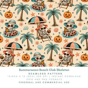 May include: Seamless pattern featuring a repeating design of skeleton characters enjoying a beach vacation. The skeletons are wearing hats and sunglasses, relaxing on beach chairs, and floating in the water. Palm trees, pumpkins, and seashells are also included.