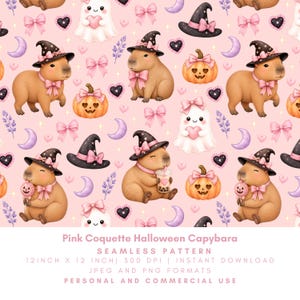 May include: A seamless pattern on a light pink background featuring illustrations of capybaras wearing witch hats and pink bows, smiling ghosts holding hearts, orange jack-o'-lanterns with pink bows, purple crescent moons, and black hearts.