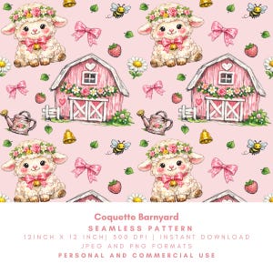 Puede incluir: Patrón sin costuras sobre un fondo rosa con ilustraciones de ovejas con coronas de flores y lazos rosas, graneros rosas, abejas, fresas, margaritas y regaderas. El texto "Coquette Barnyard" está en la parte inferior.
