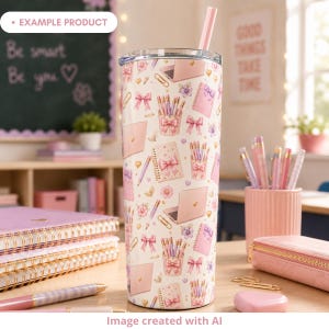 Example product mockup showing a tumbler with a coquette school seamless pattern on a classroom desk. The design features pink notebooks with bows, pastel pencils, pencil cups, mini laptops, gold paper clips, hearts, flowers and cream tones. Cute back to school digital pattern for tumblers, sublimation, school gifts, stationery and classroom accessories.