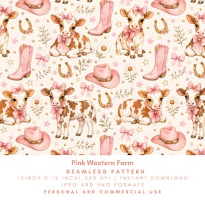 May include: A seamless pattern featuring watercolor illustrations of pink cowboy hats, boots, bows, horseshoes, daisies, and calves with pink bows. The text "Pink Western Farm" is at the bottom. The pattern is 12 inches by 12 inches.