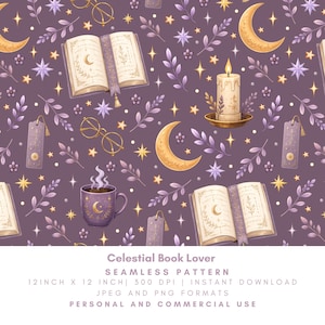 May include: A seamless pattern featuring open books, crescent moons, lit candles, gold-rimmed glasses, bookmarks, and purple sprigs on a dark purple background. The text reads Celestial Book Lover, Seamless Pattern, 12 inch x 12 inch, 300 dpi, Instant Download, JPEG and PNG Formats, Personal and Commercial Use.