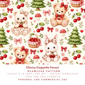 Puede incluir: Un patrón sin costuras con ositos de peluche, un conejo blanco, cestas de cerezas, setas rojas, pinos verdes, lazos rojos y corazones pequeños sobre fondo crema. Texto: Cherry Coquette Forest SEAMLESS PATTERN 12 INCH X 12 INCH 300 DPI INSTANT DOWNLOAD JPEG AND PNG FORMATS PERSONAL AND COMMERCIAL USE.