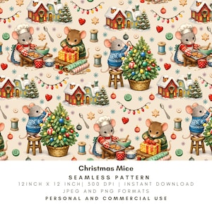 Puede incluir: Un patrón continuo con ratones de dibujos animados con ropa de invierno, árboles de Navidad decorados, casas pequeñas, cajas de regalo y adornos festivos sobre un fondo claro. El texto dice Christmas Mice SEAMLESS PATTERN 12 INCH X 12 INCH.