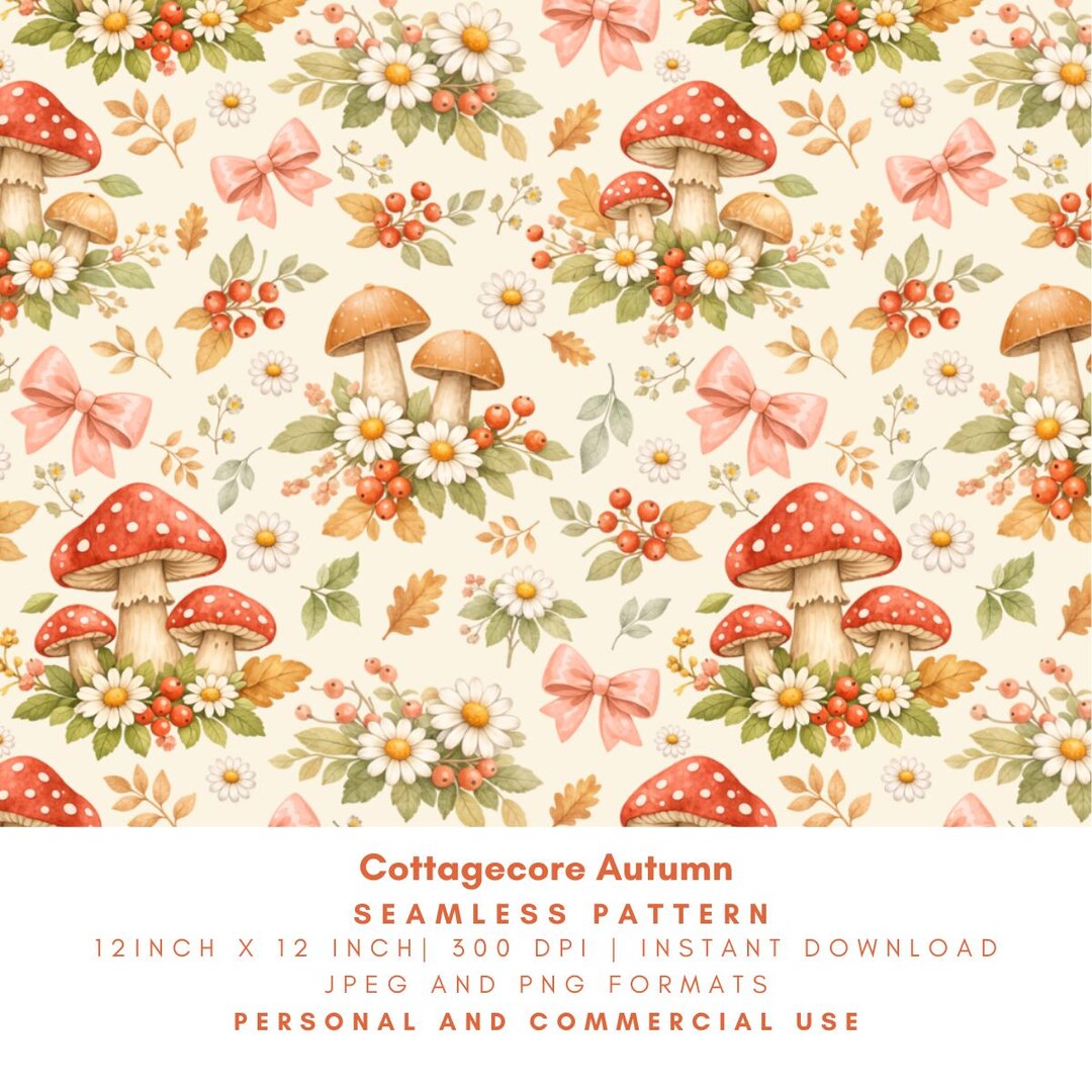 Cottagecore Autumn Seamless Pattern, Mushrooms Bows Daisies Berries ...