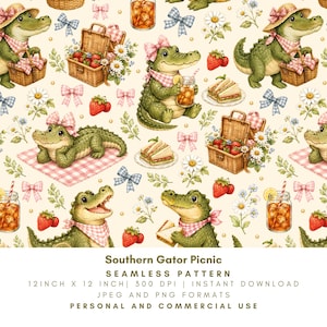 May include: A seamless pattern featuring green alligators, picnic baskets, strawberries, sandwiches, daisies, and bows on a cream background. Text reads: Southern Gator Picnic, SEAMLESS PATTERN, 12 INCH X 12 INCH, 300 DPI, INSTANT DOWNLOAD, JPEG AND PNG FORMATS, PERSONAL AND COMMERCIAL USE.