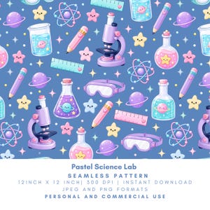 Pastel Science Lab Seamless Pattern, Microscope, Space Flask, Atom and School Supplies Digital Paper, PNG JPG
