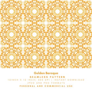 以下が含まれることがあります： 金色のバロックデザインのシームレスパターン。パターンは、白い背景に金色の円形と花のモチーフを繰り返しています。下部のテキストは「Golden Baroque SEAMLESS PATTERN 30.48cm x 30.48cm」と表示されています。