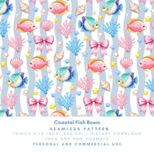 May include: A seamless pattern featuring colorful fish, bows, seashells, coral, pearls, and stars on a striped background. The text "Coastal Fish Bows" is included. The pattern is 12 inches by 12 inches.