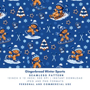 Peut inclure: Un motif répétitif représentant des biscuits en pain d'épice pratiquant des sports d'hiver sur un fond bleu foncé. Le design inclut des personnages faisant du ski, de la luge, du snowboard et du patinage, avec des moufles, des sapins et des flocons.