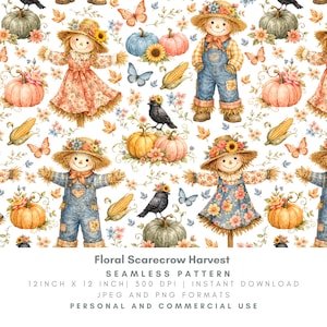May include: A seamless pattern featuring scarecrows in straw hats, pumpkins in shades of orange, blue, and green, black crows, corn cobs, butterflies, and floral accents on a white background. The text reads Floral Scarecrow Harvest.