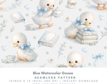 Blue Watercolor Goose Seamless Pattern, Baby Goose Toile, Nursery Fabric Print, 12x12 300 DPI PNG JPG, Commercial Use, Digital Download